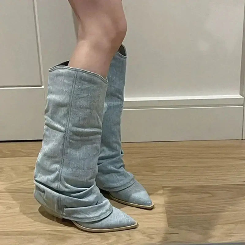 High Women’s Boots with Pleats Western Design Pointed Toe and Heel - Women Boots
