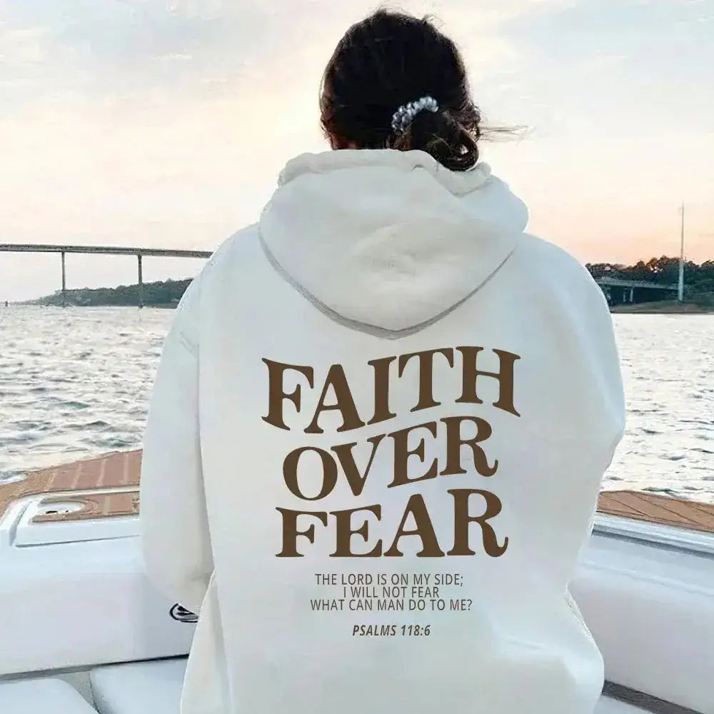 Hooded Sweatshirt with Inspirational Design: ’Faith Over Fear’ - Women’s Hoodies