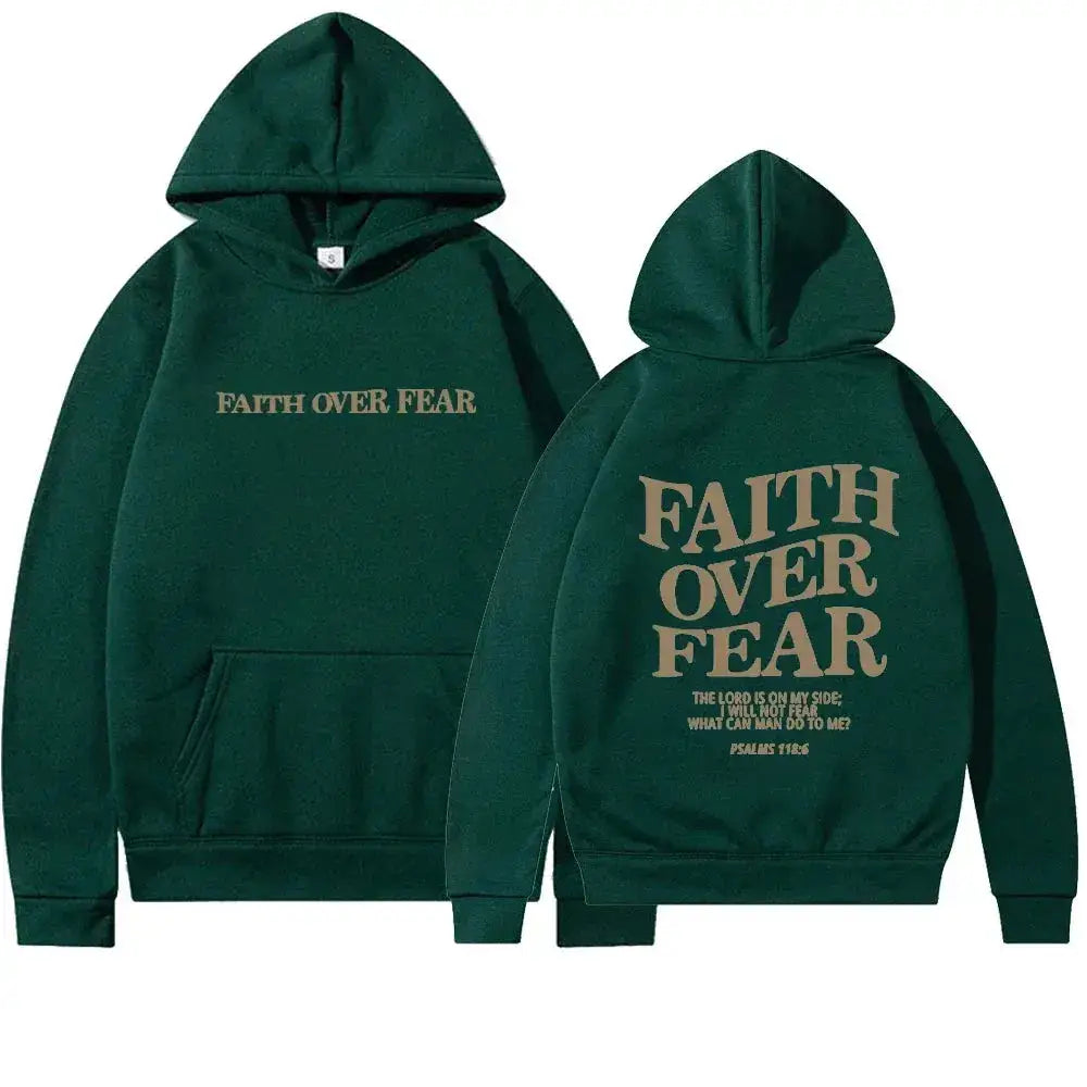 Hooded Sweatshirt with Inspirational Design: ’Faith Over Fear’ - Green / S - Women’s Hoodies