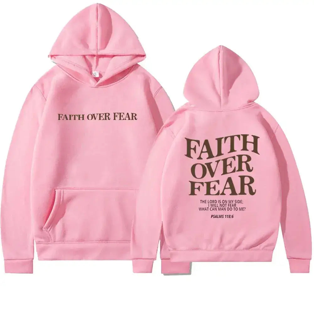 Hooded Sweatshirt with Inspirational Design: ’Faith Over Fear’ - Light Red / S - Women’s Hoodies