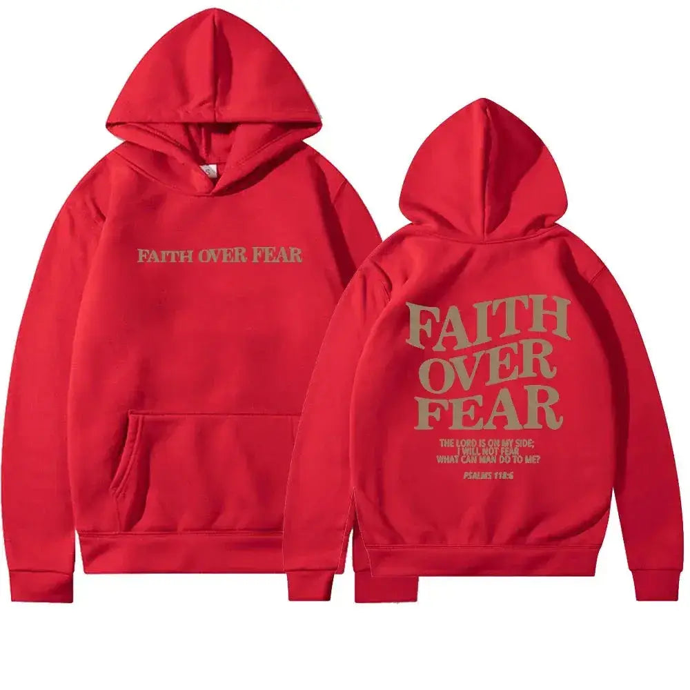 Hooded Sweatshirt with Inspirational Design: ’Faith Over Fear’ - Red / S - Women’s Hoodies