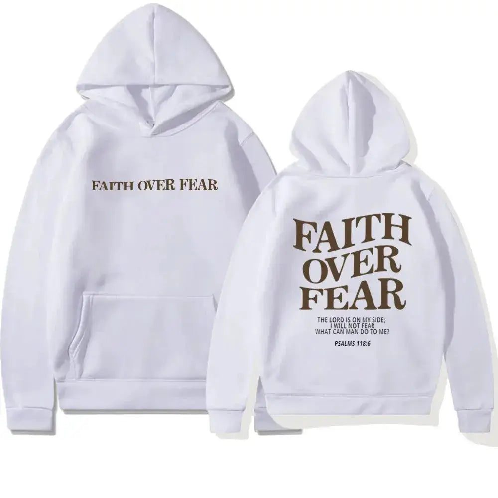 Hooded Sweatshirt with Inspirational Design: ’Faith Over Fear’ - White / S - Women’s Hoodies