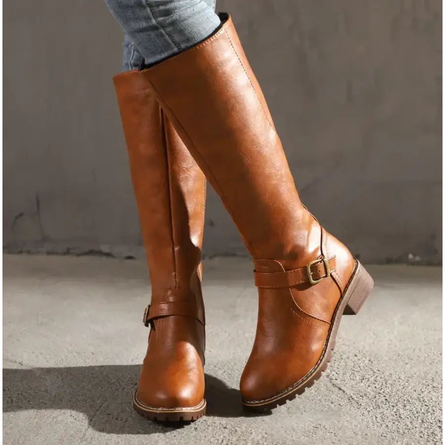 Knee-High Women’s Boots with Buckle Strap and Low Heel - Brown / 35 - Women Boots