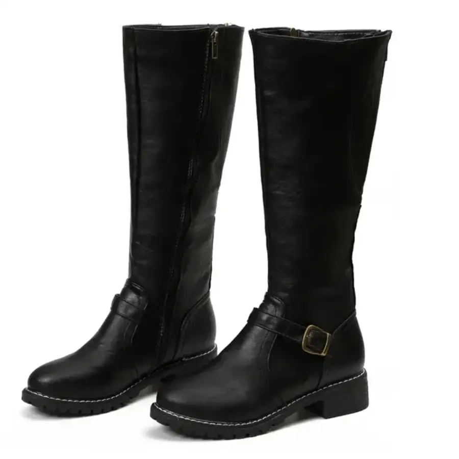Knee-High Women’s Boots with Buckle Strap and Low Heel - Women Boots