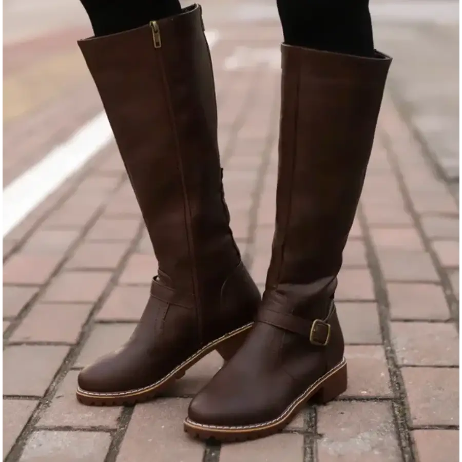 Knee-High Women’s Boots with Buckle Strap and Low Heel - Women Boots