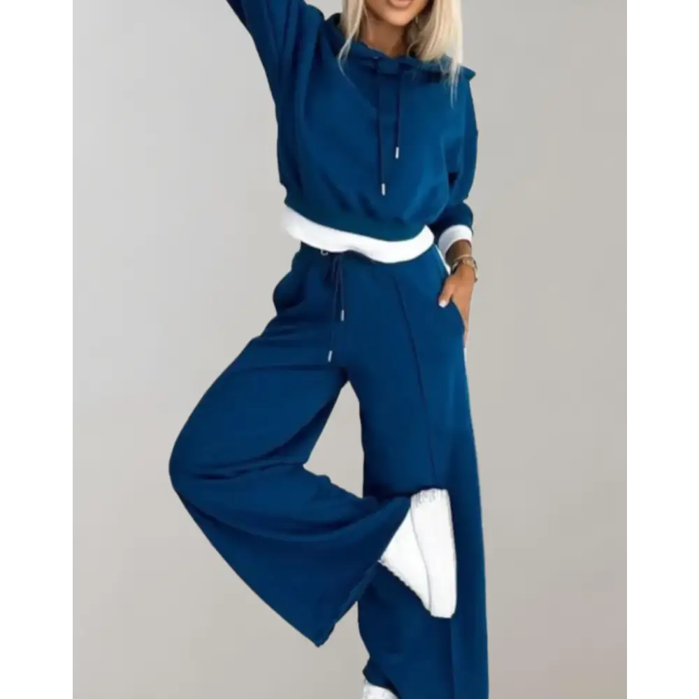 Women’s 2-Piece Hoodie Tracksuit Set with Wide-Leg Trousers - Blue / S - Women Sets