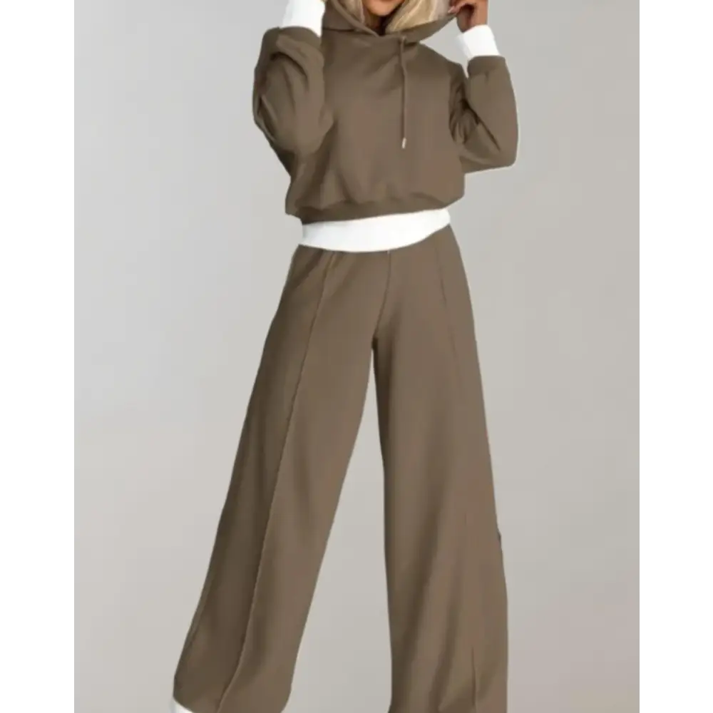 Women’s 2-Piece Hoodie Tracksuit Set with Wide-Leg Trousers - Brown / S - Women Sets