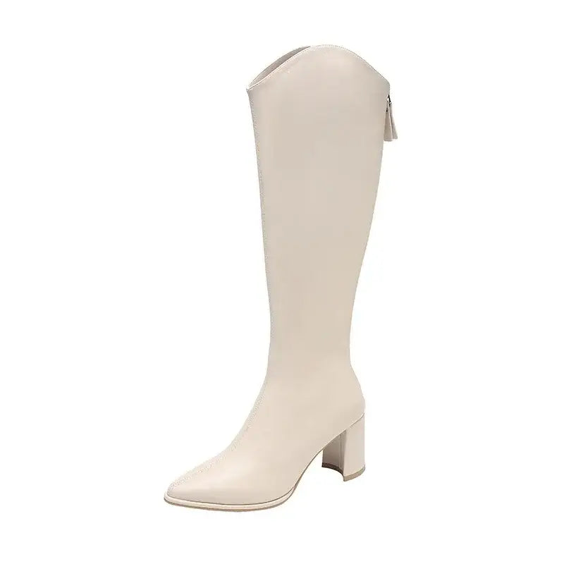 Women’s Knee-High Boots with Side Zip and Wide Heel - Beige / 34 - Women Boots