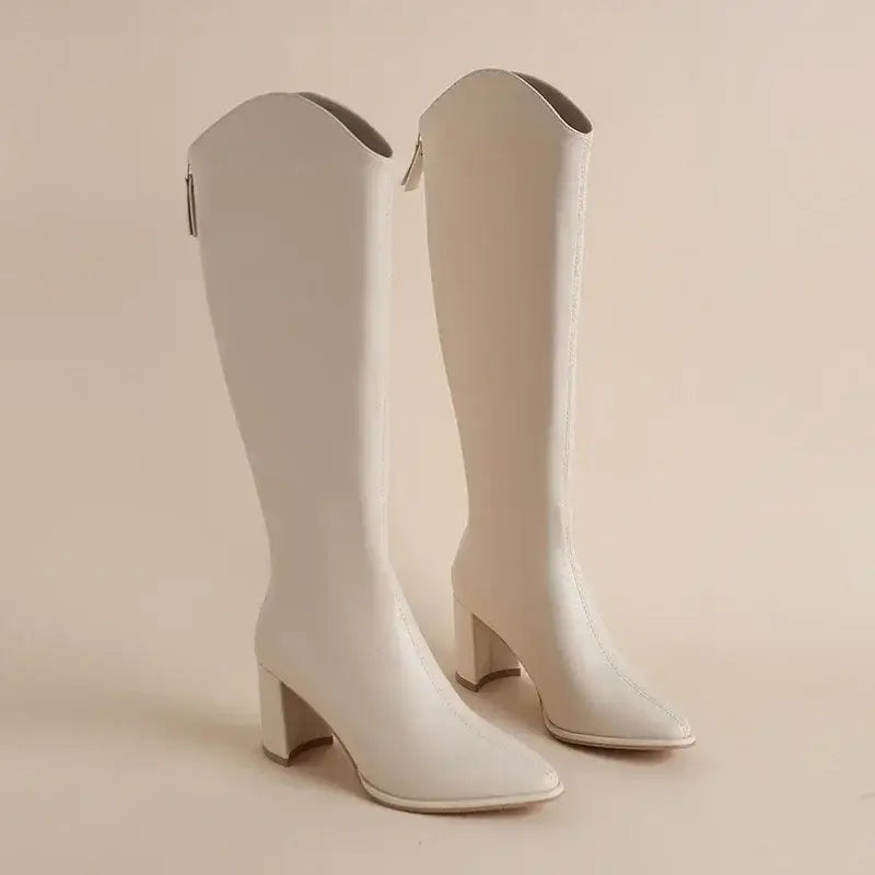 Women’s Knee-High Boots with Side Zip and Wide Heel - Women Boots