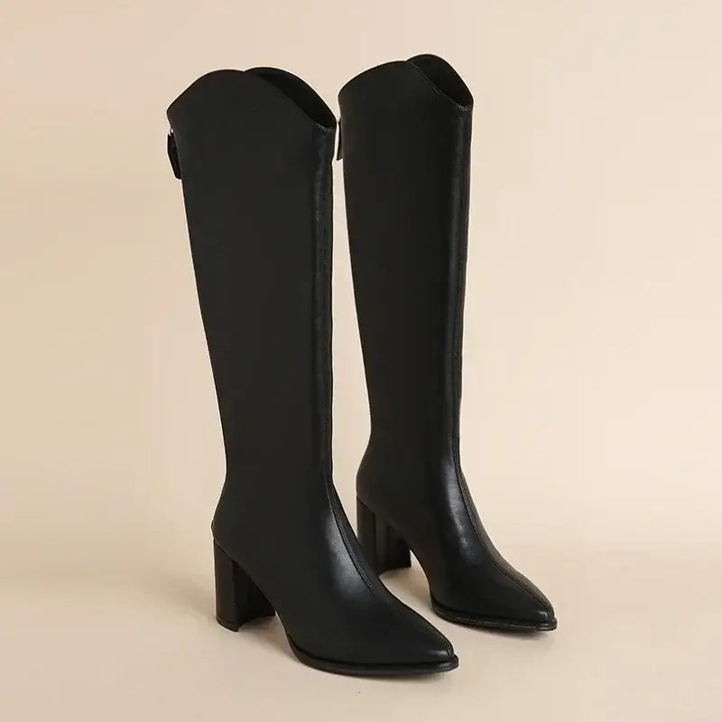Women’s Knee-High Boots with Side Zip and Wide Heel - Women Boots