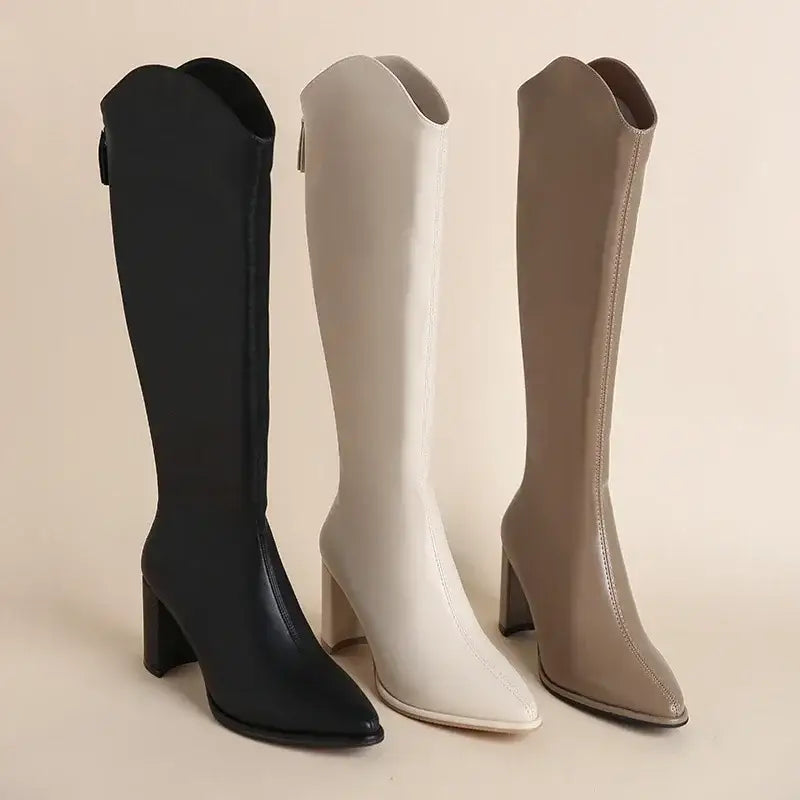 Women’s Knee-High Boots with Side Zip and Wide Heel - Women Boots