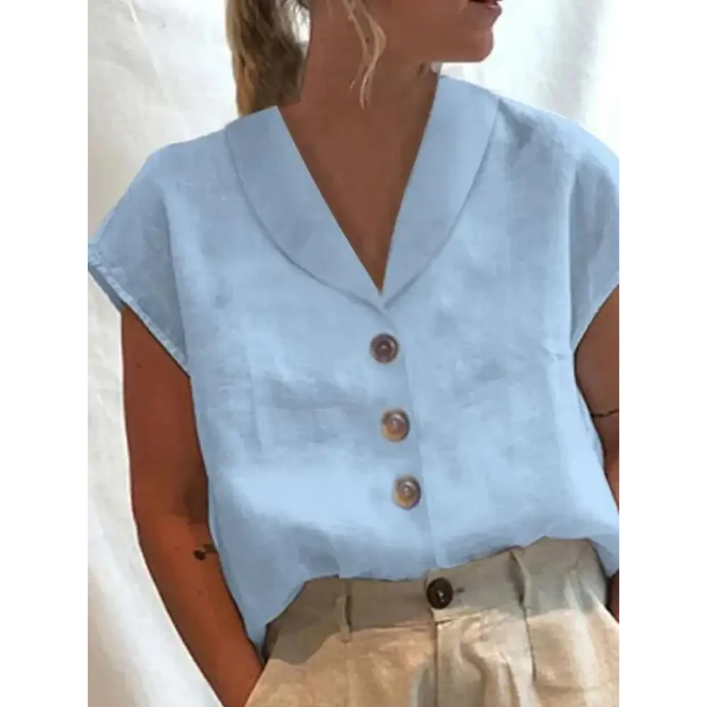 Gasin Women’s Elegant V-Neck Button Blouse Lightweight Chic & Breathable Top - Blue / S - Gasin Women’s Elegant V-Neck