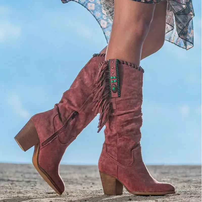 High Leather Cowboy Boots for Women with Fringes and Wide Heel - Red / 35 - Women Boots
