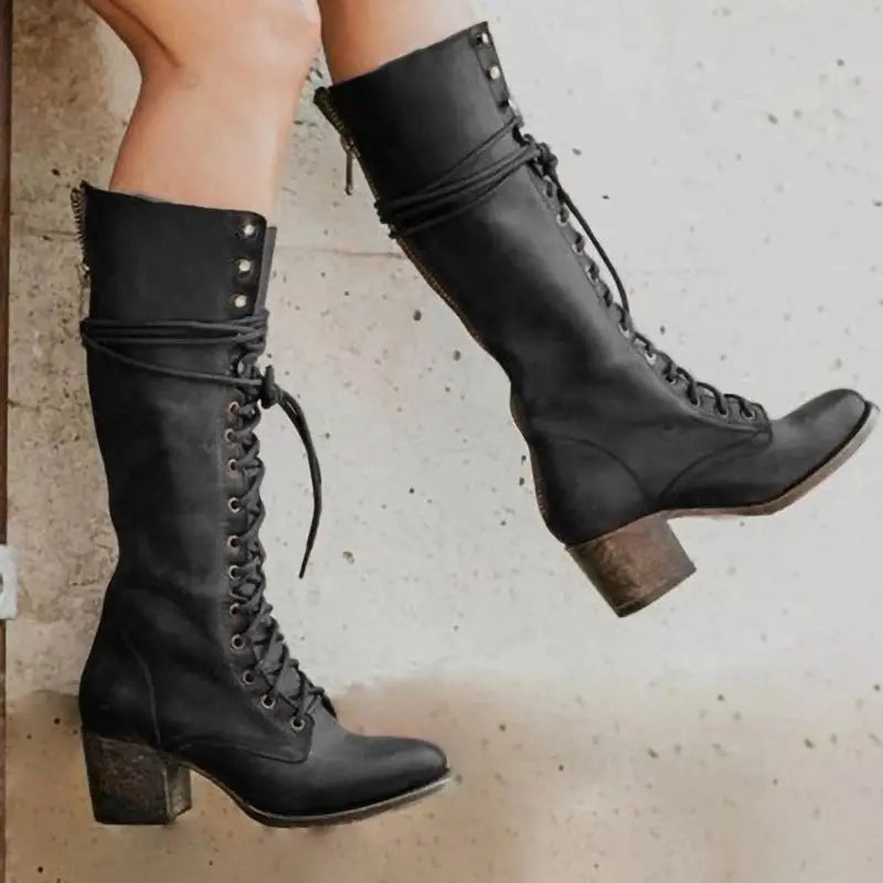 High Women’s Lace-Up Boots with Wide Heel - Black / 35 - Women Boots