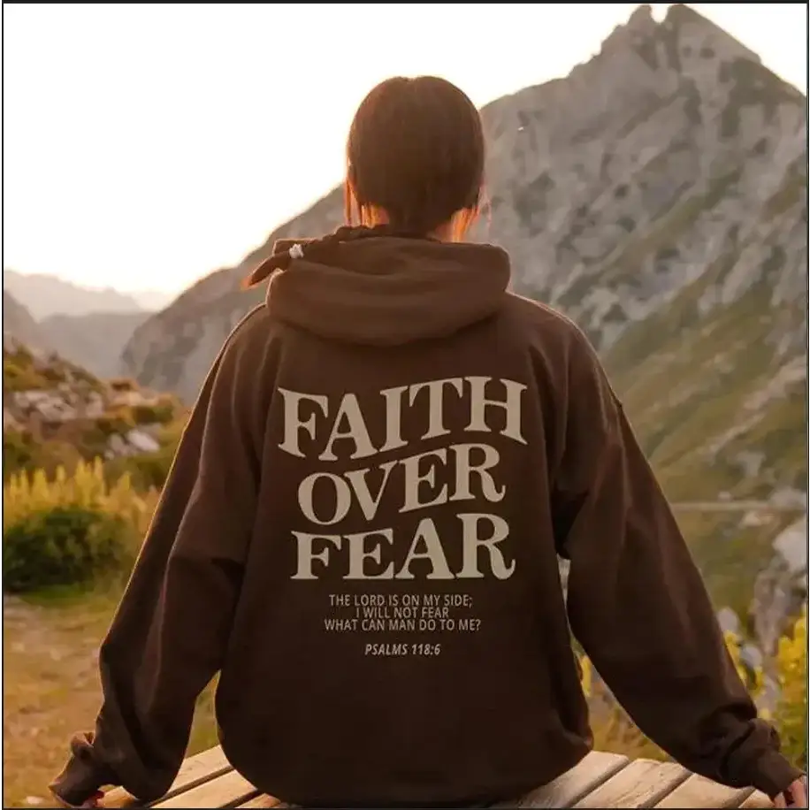 Hooded Sweatshirt with Inspirational Design: ’Faith Over Fear’ - Burgundy / S - Women’s Hoodies