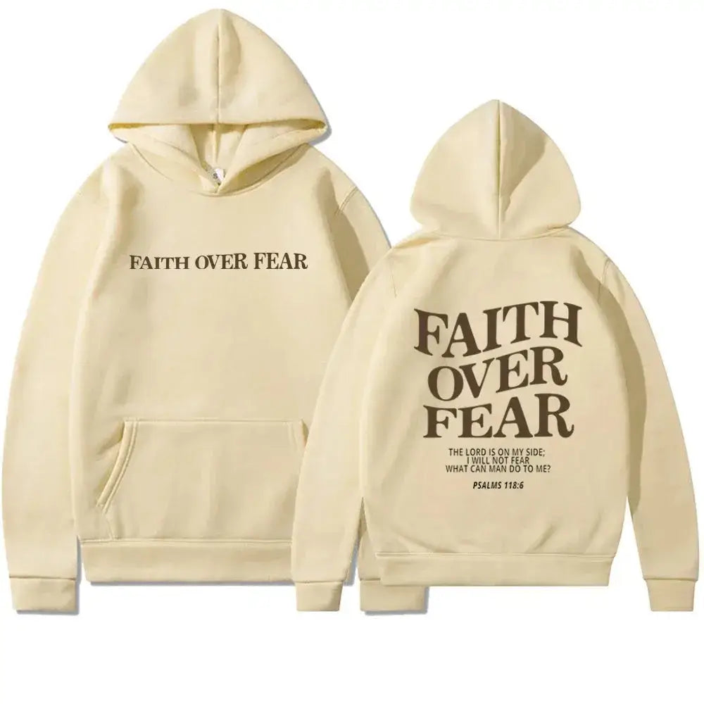 Hooded Sweatshirt with Inspirational Design: ’Faith Over Fear’ - Beige / S - Women’s Hoodies