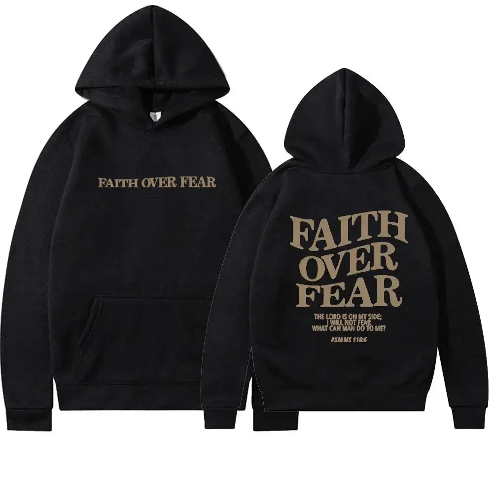 Hooded Sweatshirt with Inspirational Design: ’Faith Over Fear’ - Black / S - Women’s Hoodies