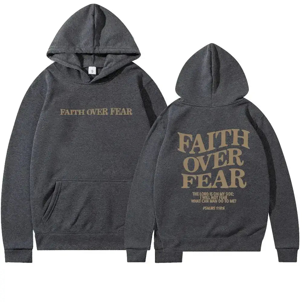 Hooded Sweatshirt with Inspirational Design: ’Faith Over Fear’ - Dark Grey / S - Women’s Hoodies