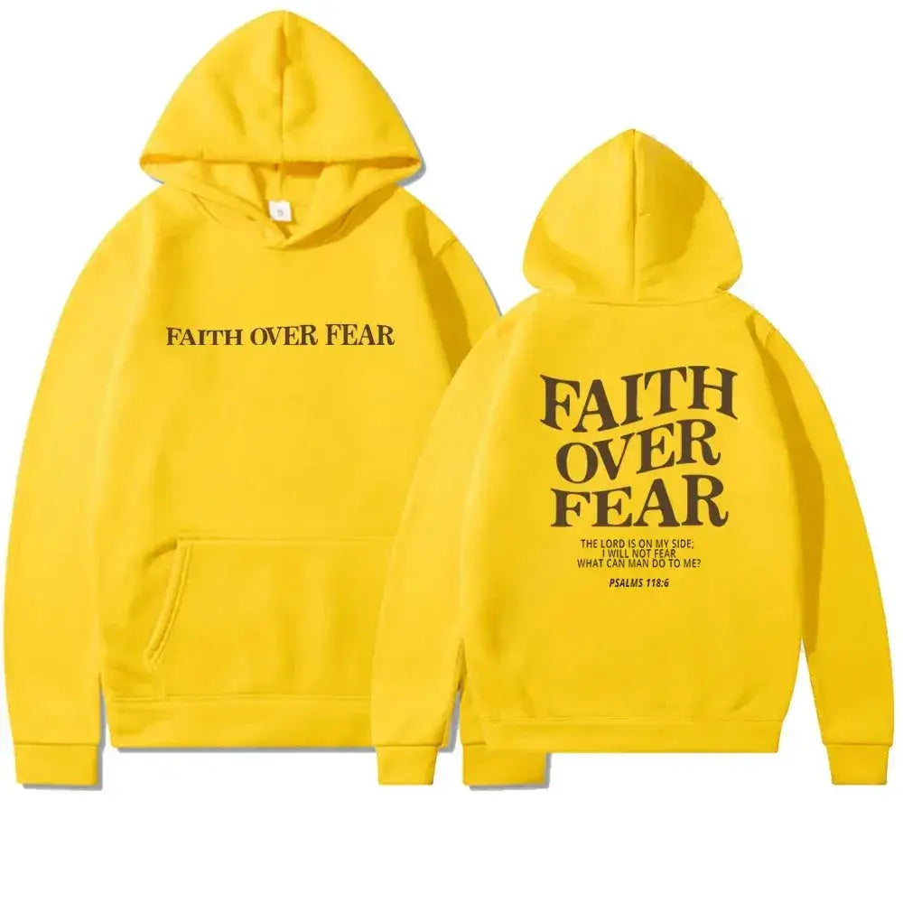 Hooded Sweatshirt with Inspirational Design: ’Faith Over Fear’ - Yellow / S - Women’s Hoodies