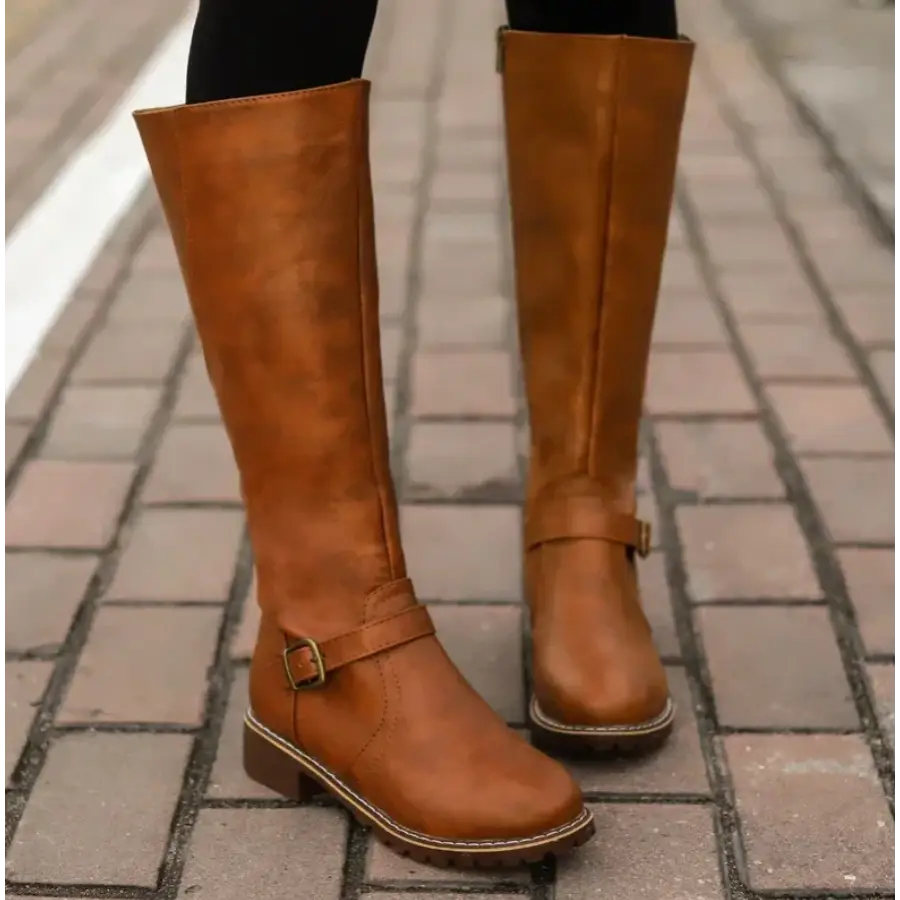 Knee-High Women’s Boots with Buckle Strap and Low Heel - Women Boots