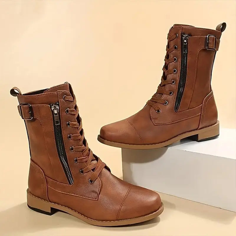 Lace-up ankle boots for women with side zip and buckle detail - Women Boots