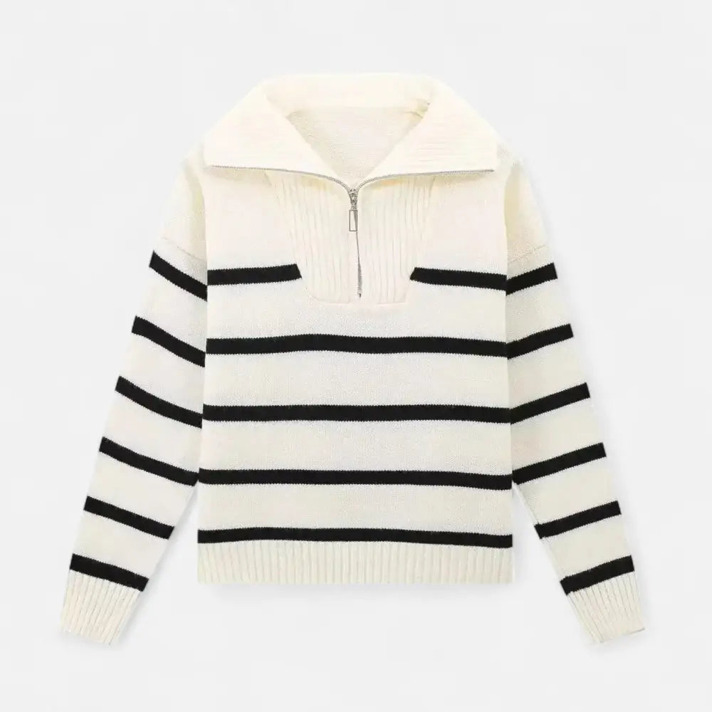 Striped Polo Sweatshirt for Women – Refined Autumn Elegance - White / S - Sweater Women