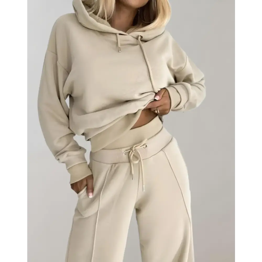 Women’s 2-Piece Hoodie Tracksuit Set with Wide-Leg Trousers - Beige / S - Women Sets