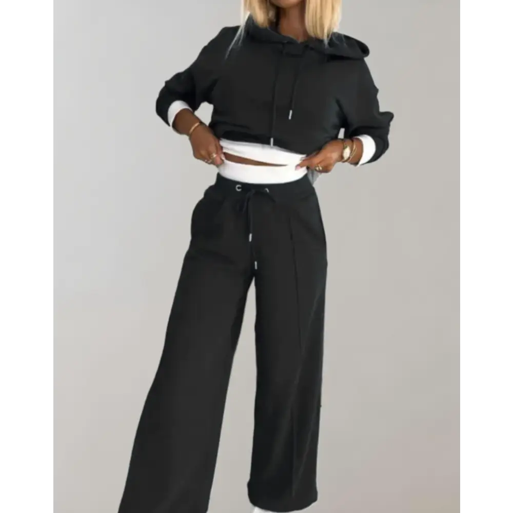 Women’s 2-Piece Hoodie Tracksuit Set with Wide-Leg Trousers - Black / S - Women Sets