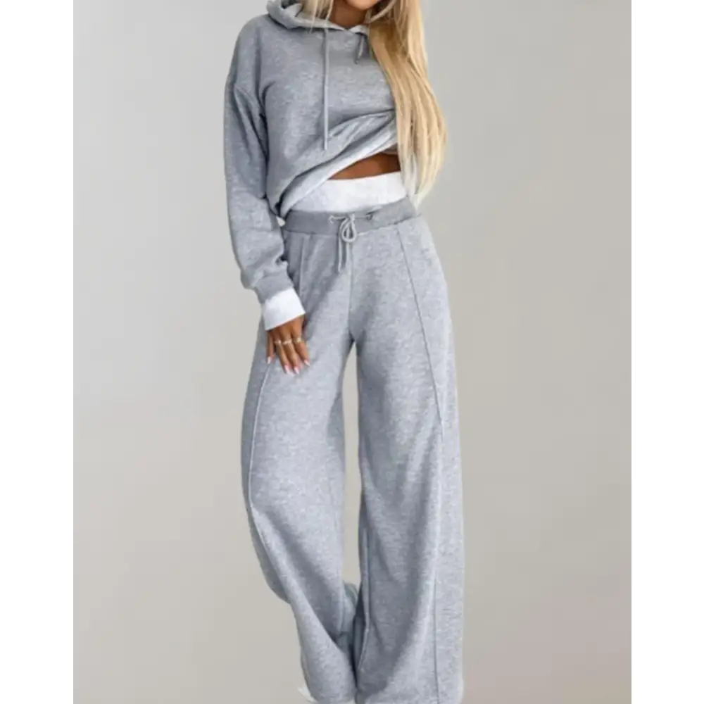 Women’s 2-Piece Hoodie Tracksuit Set with Wide-Leg Trousers - Grey / S - Women Sets