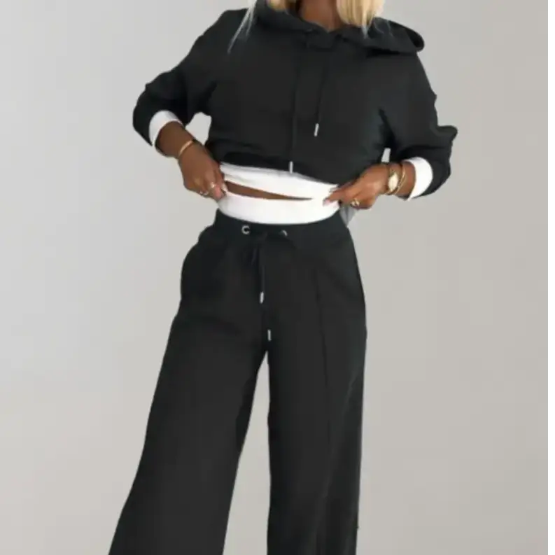 Women’s 2-Piece Hoodie Tracksuit Set with Wide-Leg Trousers - Women Sets