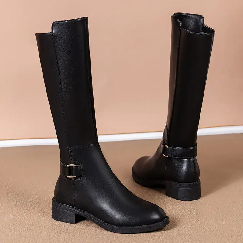Women’s Black Knee-High Boots with Metal Buckle and Side Zip - Women Boots