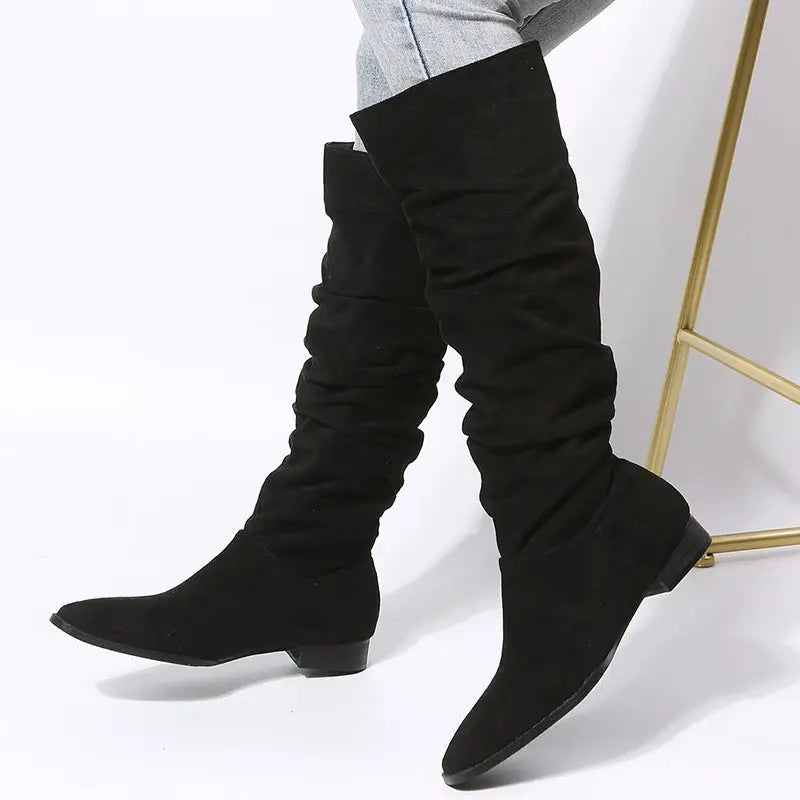 Women’s Knee-High Boots with Pointed Toe and Flat Sole - Black / 35 - Women Boots