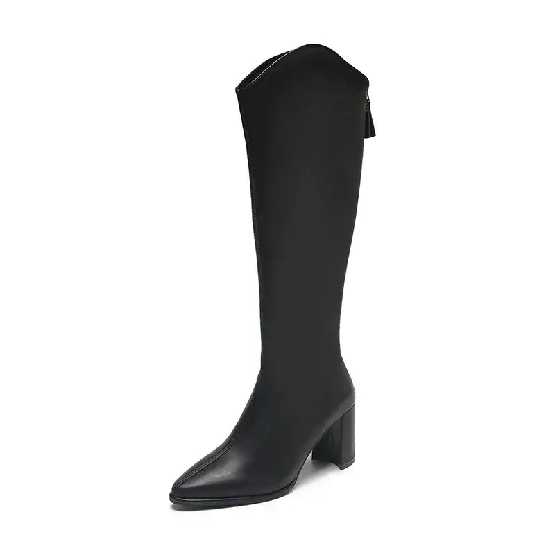Women’s Knee-High Boots with Side Zip and Wide Heel - Black / 34 - Women Boots