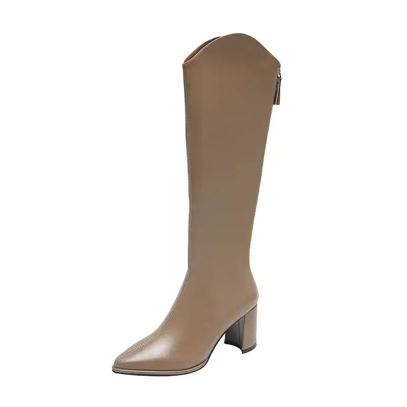Women’s Knee-High Boots with Side Zip and Wide Heel - Brown / 34 - Women Boots