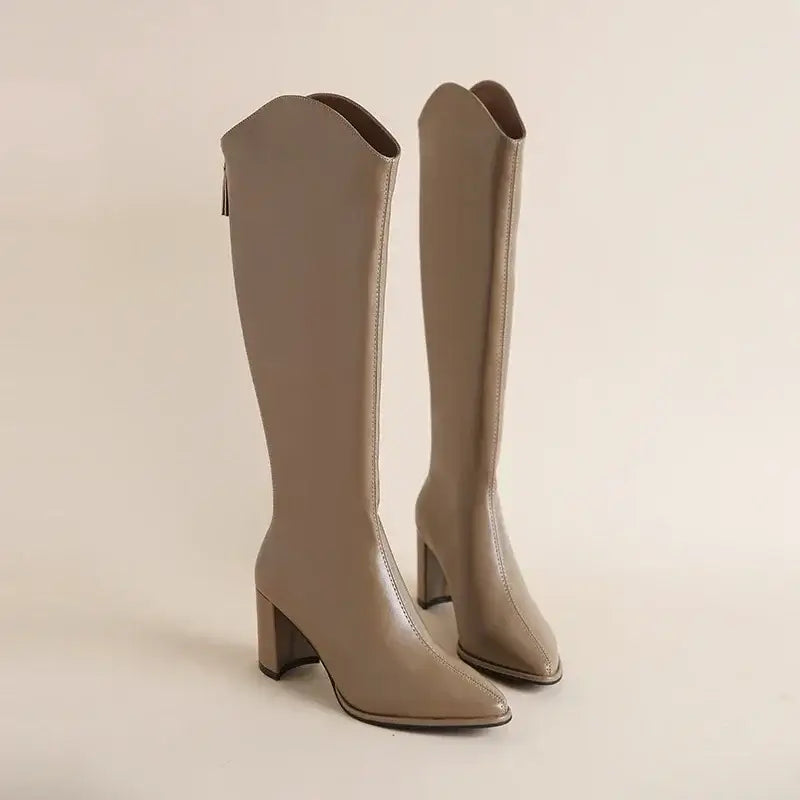 Women’s Knee-High Boots with Side Zip and Wide Heel - Women Boots