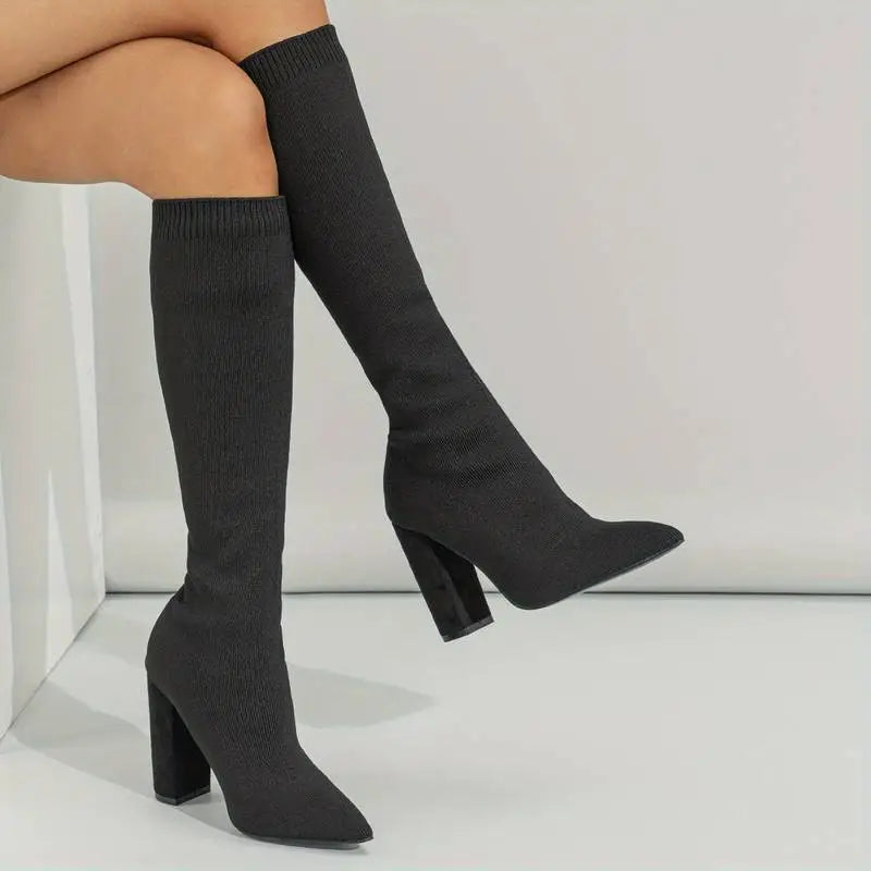 Women’s Knee-High Sock Boots with Pointed Toe and Square Heel - Black / 35 - Women Boots