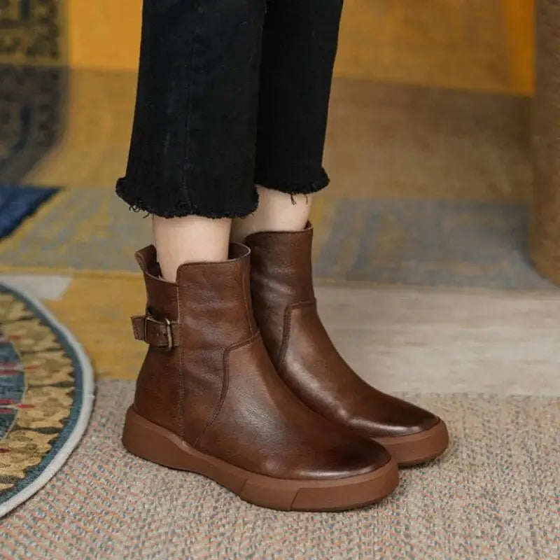 Women’s Leather Ankle Boots with Side Buckle and Comfortable Sole - Brown / 35 - Women Boots