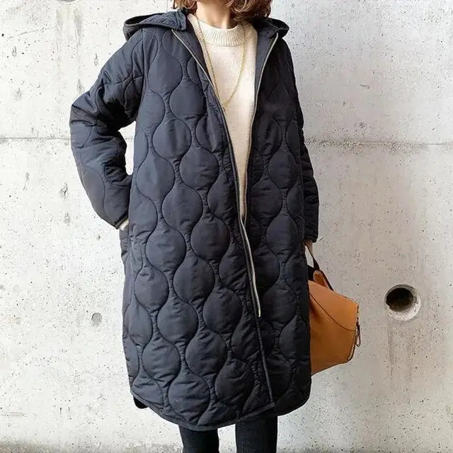 Women’s Long Quilted Coat with Hood and Full Zip - Navy Blue / One Size - Women Coats